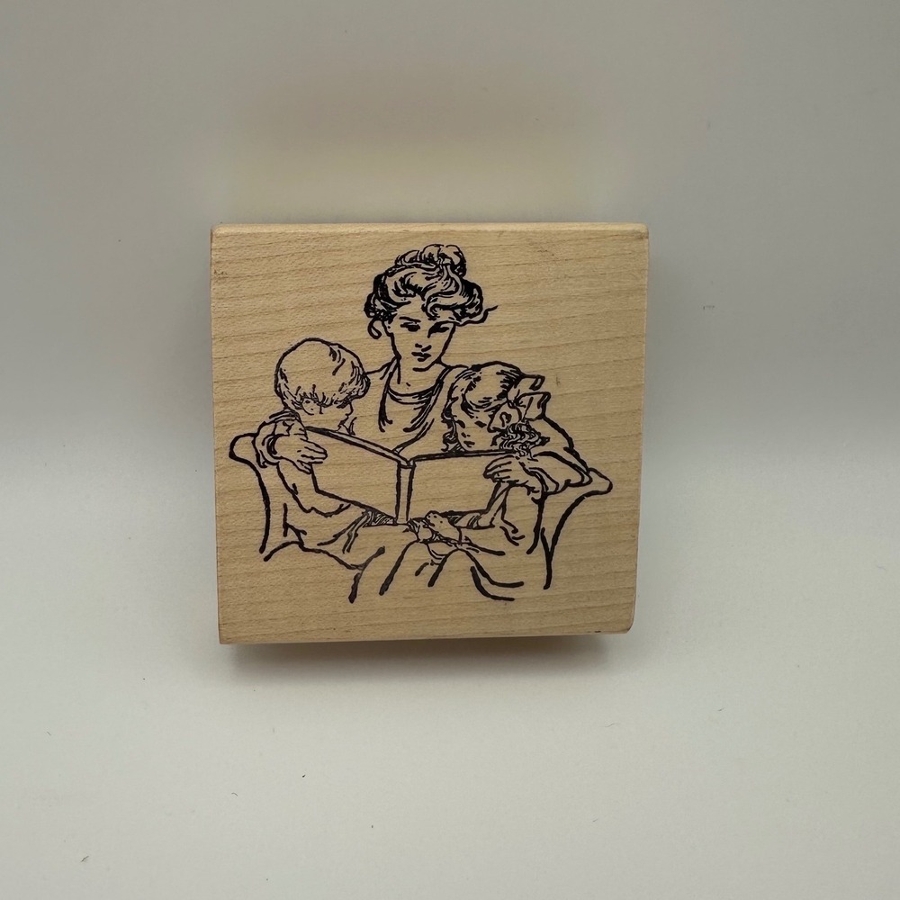 Magenta Victorian Mother Children Reading Bedtime Wood Rubber Stamp Vintage New